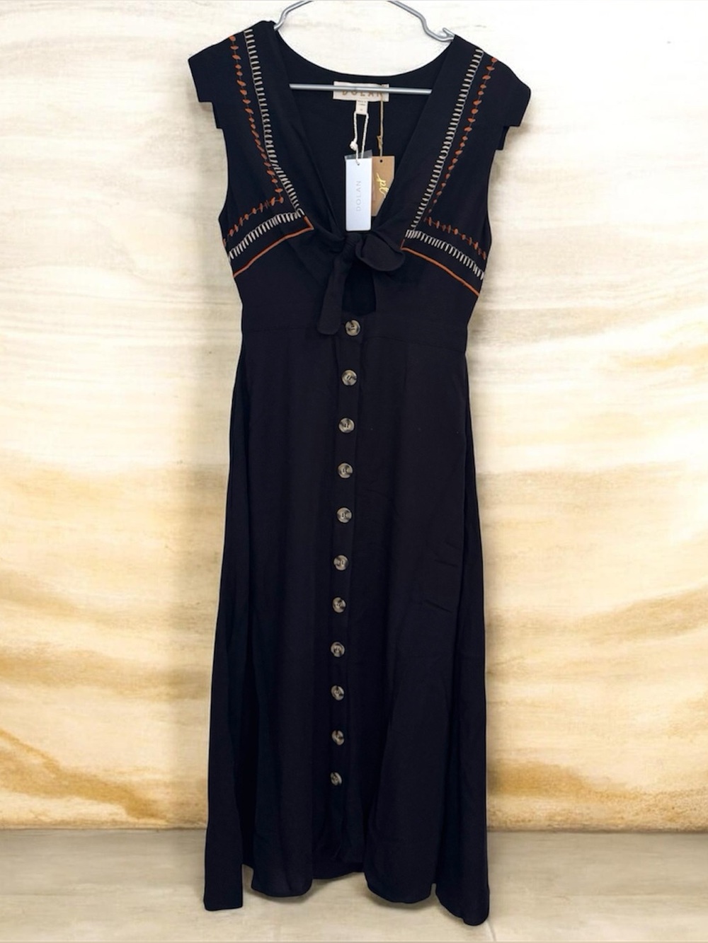 dolan Black Jumpsuit Embroidered Stitching and Front Buttons Size XS Boho Summer